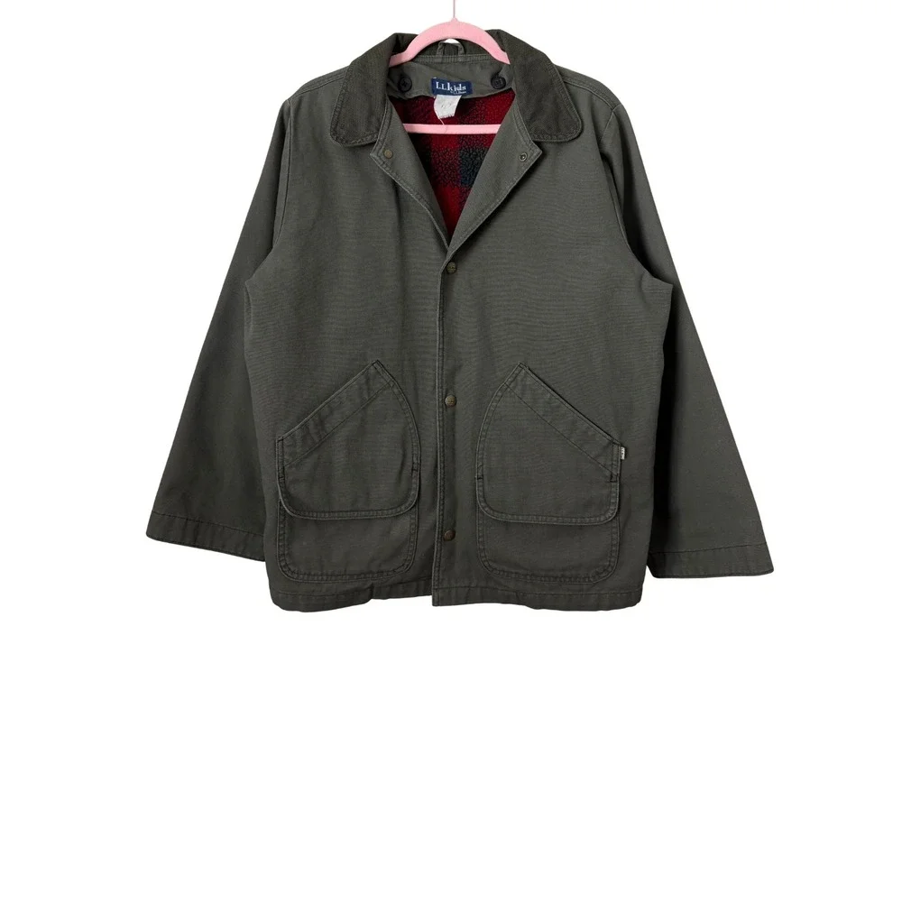 Vintage LL Bean Kids Removable Sherpa Lined Barn Coat Canvas Jacket Green XL